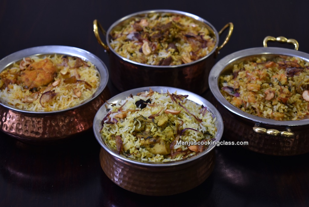 Biryanis - Chicken Biryani, Mutton Biryani, Fish Biryani, Prawn Biryani