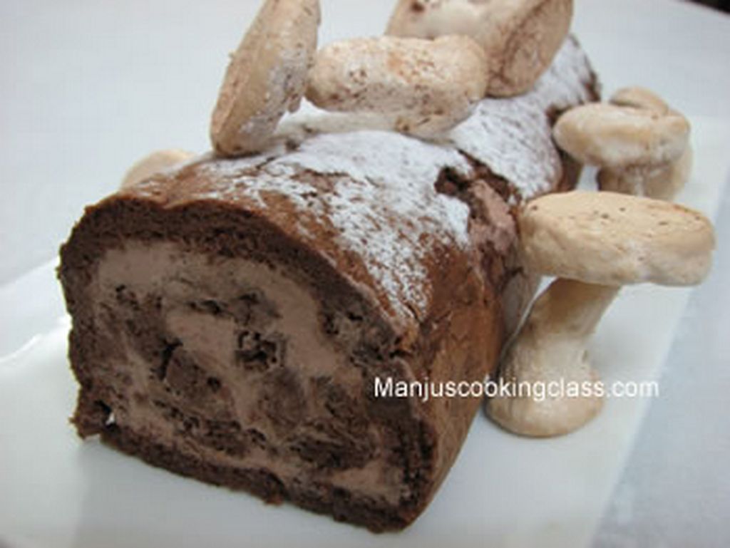 Yule log with meringue mushrooms